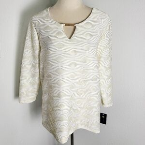 JM Collection Eggshell & Gold Blouse, Shiny, Sparkly Designs, Size Large, NWT